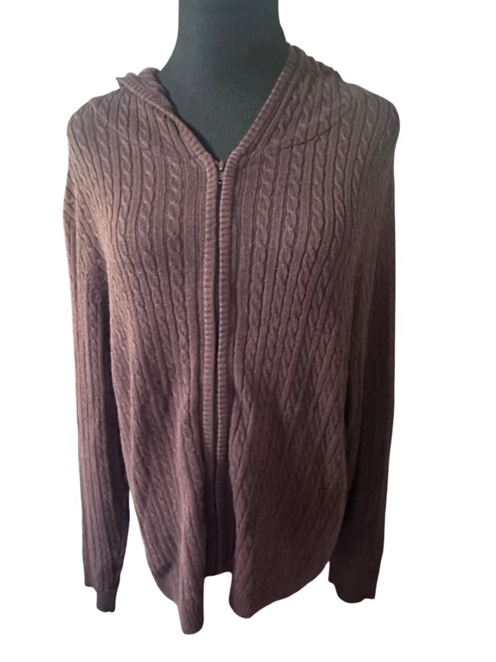 525 America brown cable knit zip cardigan sweater with hood size L